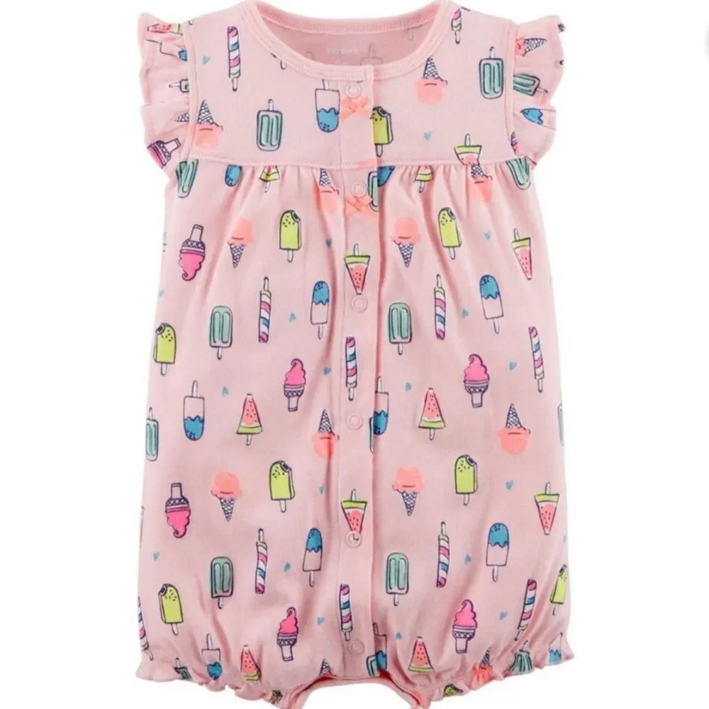 Carter’s Baby Girl Pink Ice Cream Cotton Flutte Sleeve Snap Romper Size 6M